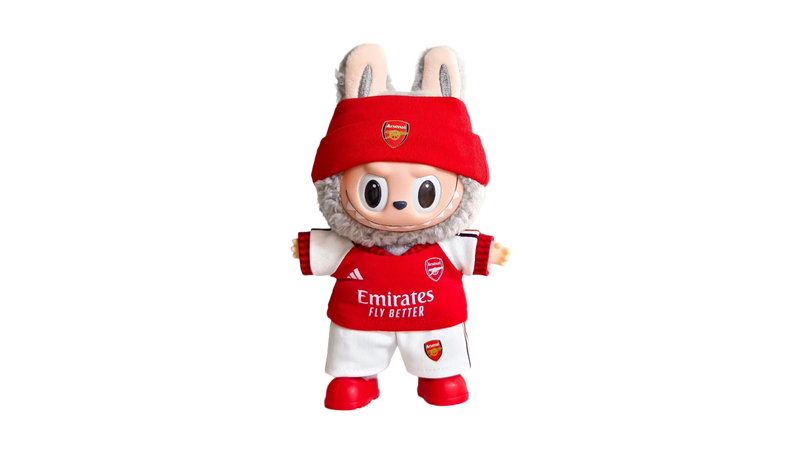Doll football jersey kit – Japan Away – shown worn on a doll, compatible with Labubu and similar 17cm dolls