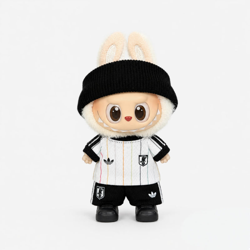 Doll football jersey kit – Japan Away – shown worn on a doll, compatible with Labubu and similar 17cm dolls