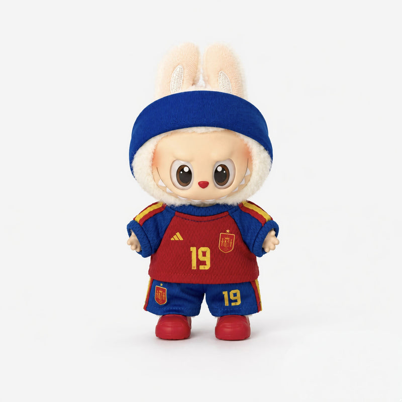 Doll football jersey kit – Spain Home – shown worn on a doll, compatible with Labubu and similar 17cm dolls