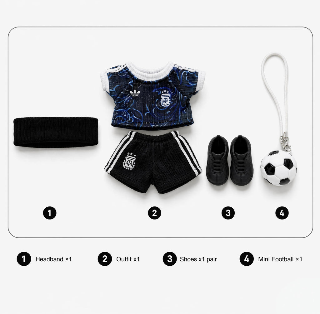 Labubu football jersey kit – Argentina Away – Labubu clothes with jersey, shorts, and accessories included, compatible with similar 17cm dolls