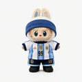 Custom doll football jersey kit – Argentina Home – personalised with your own name and number, shown worn on a doll, compatible with Labubu and similar 17cm dolls