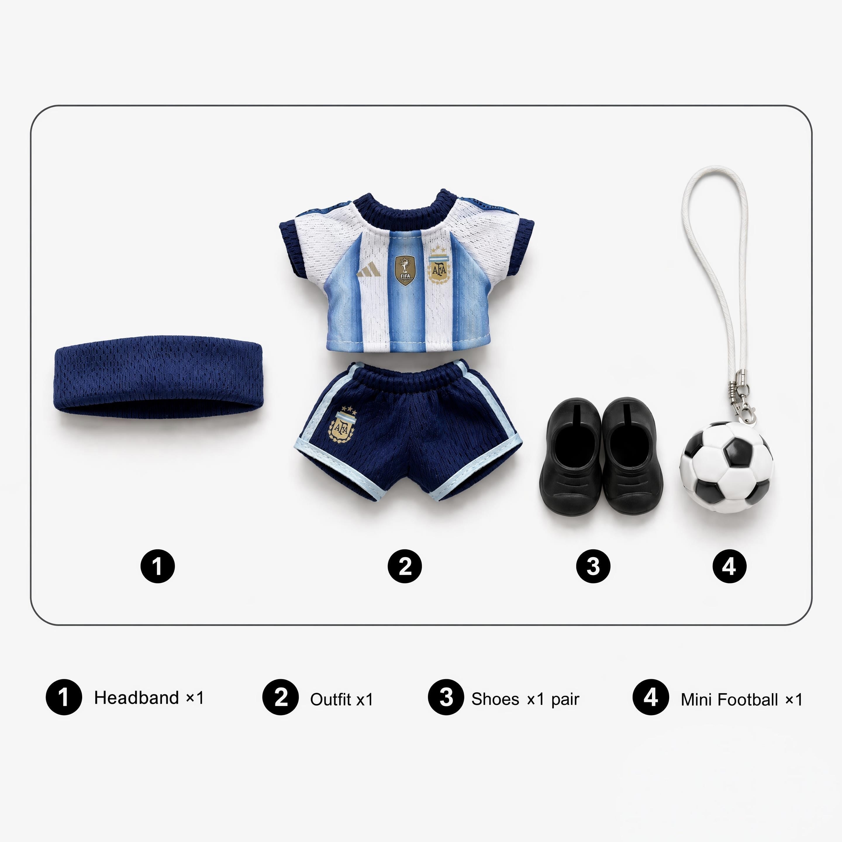 Labubu football jersey kit – Argentina Home – Labubu clothes with jersey, shorts, and accessories included, compatible with similar 17cm dolls