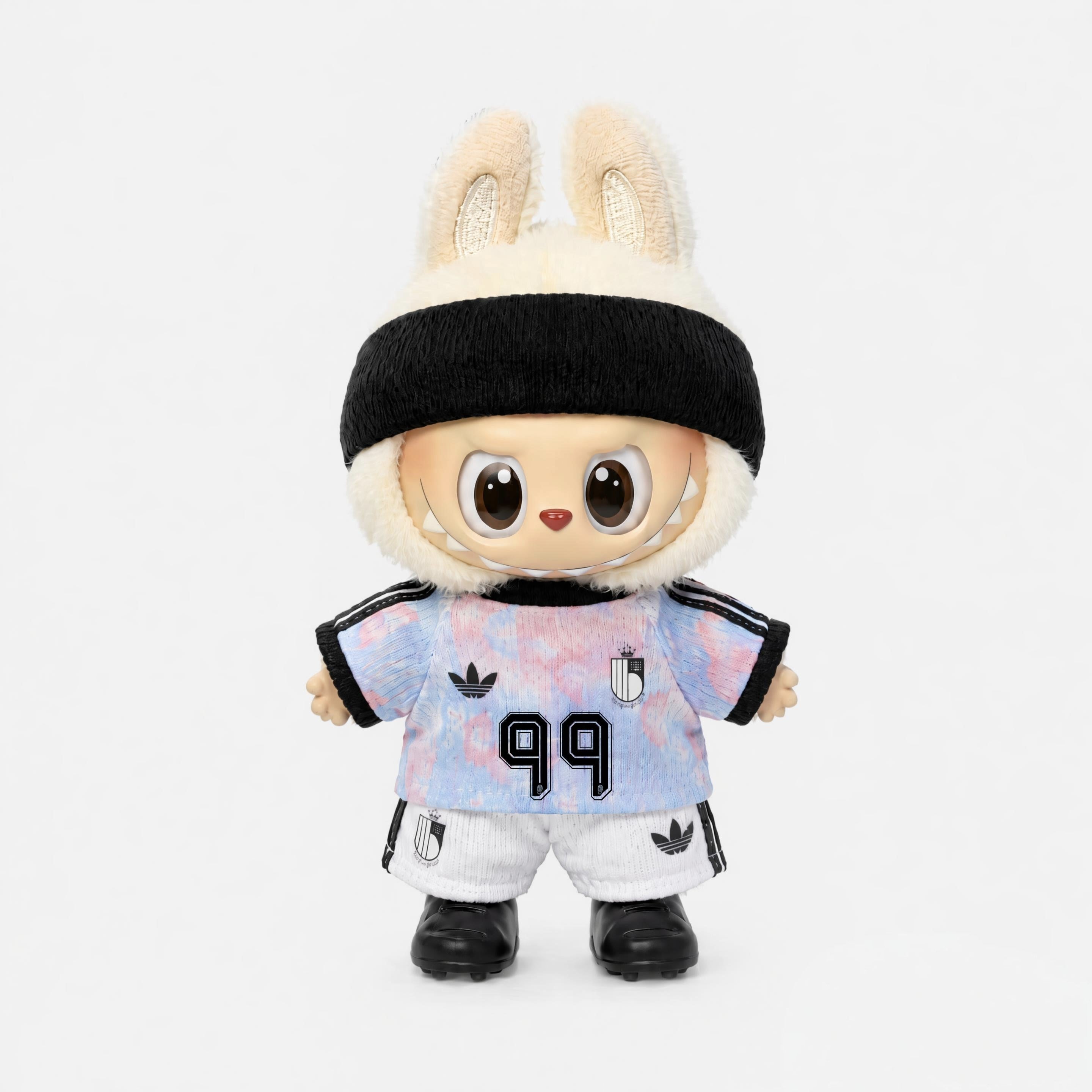 Labubu football jersey kit – Belgium Away – Labubu clothes personalised with your own number and name printed on the jersey, compatible with similar 17cm dolls
