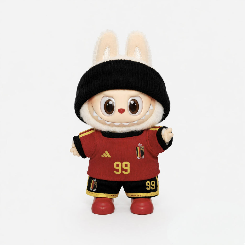 Custom doll football jersey kit – Belgium Home – personalised with your own name and number, shown worn on a doll, compatible with Labubu and similar 17cm dolls