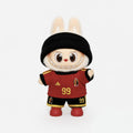 Custom doll football jersey kit – Belgium Home – personalised with your own name and number, shown worn on a doll, compatible with Labubu and similar 17cm dolls