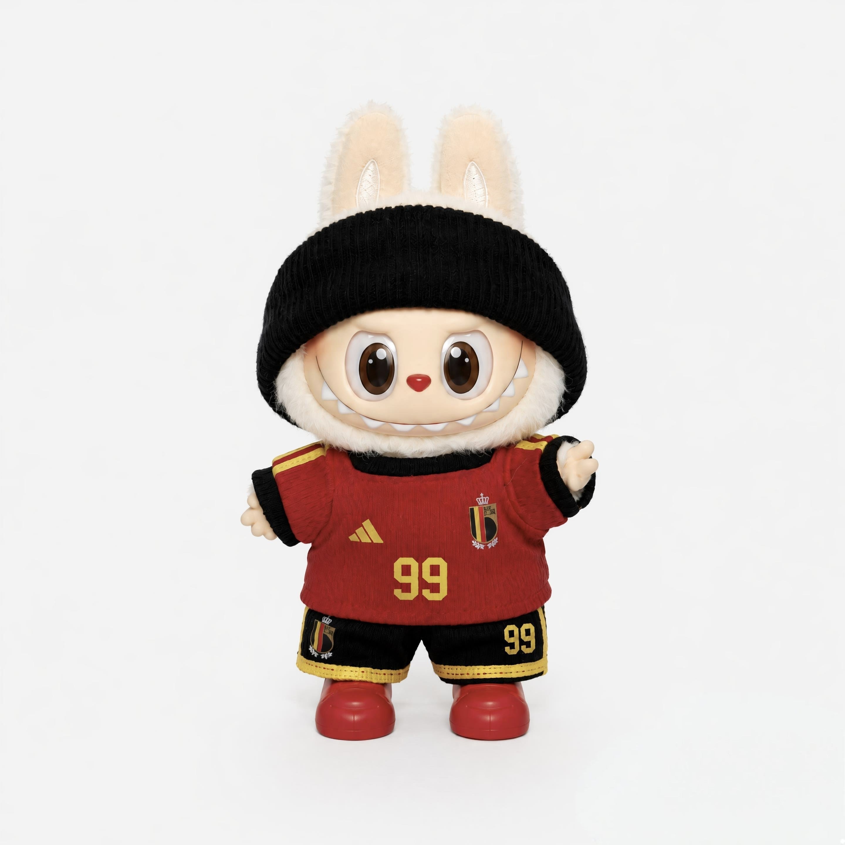 Labubu football jersey kit – Belgium Home – Labubu clothes personalised with your own number and name printed on the jersey, compatible with similar 17cm dolls