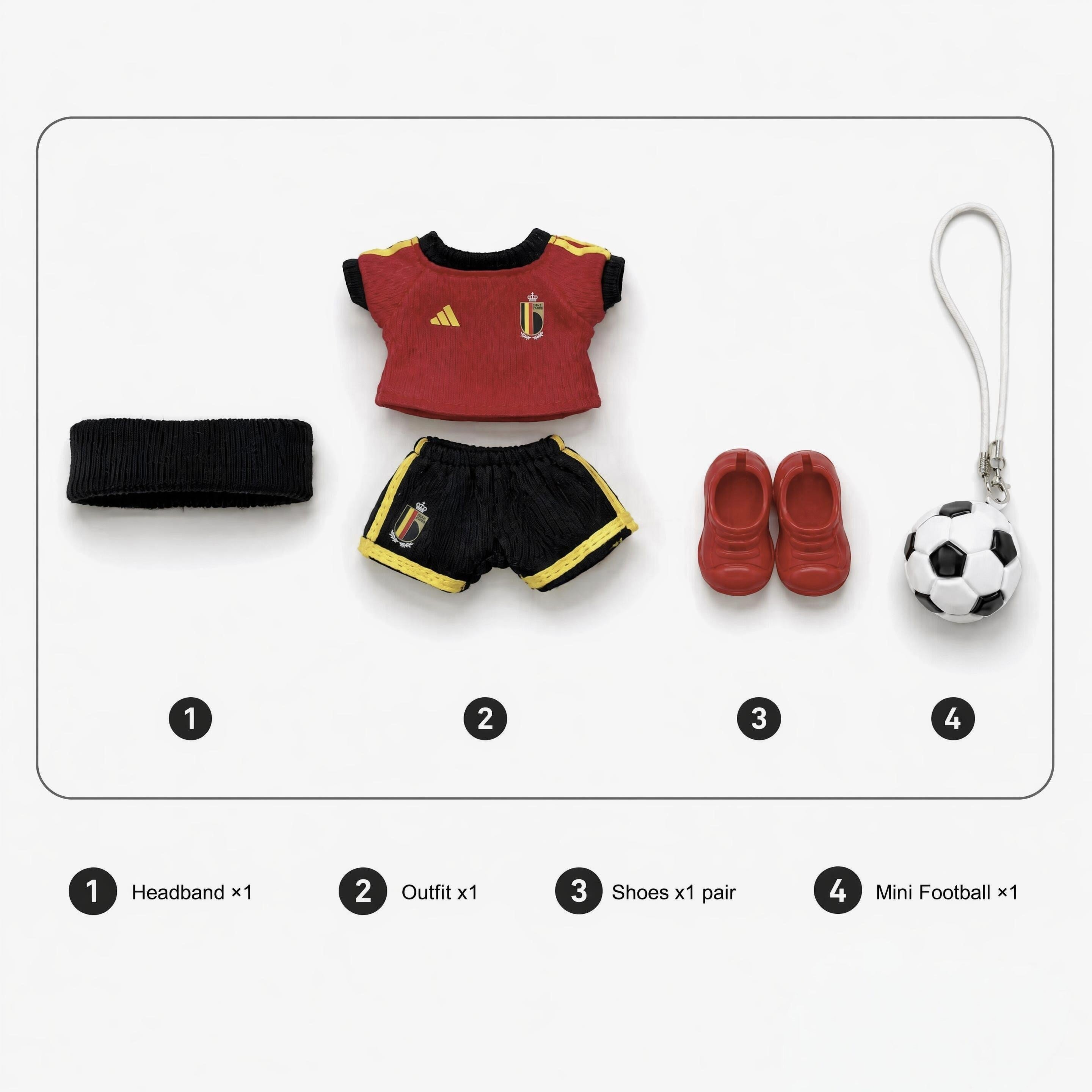Labubu football jersey kit – Belgium Home – Labubu clothes with jersey, shorts, and accessories included, compatible with similar 17cm dolls