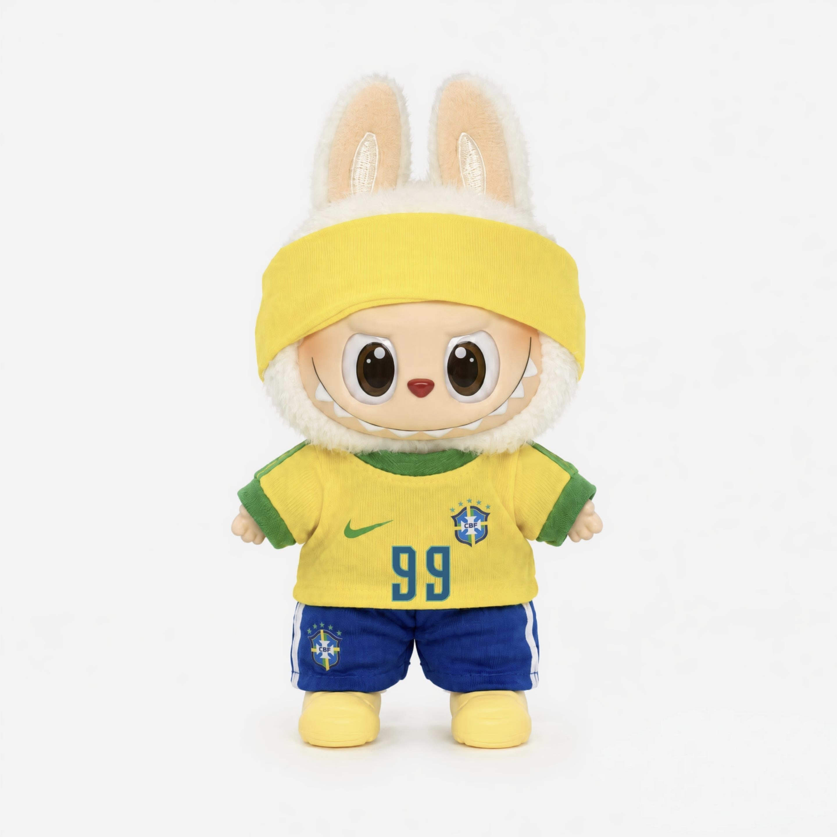 Labubu football jersey kit – Brazil Home – Labubu clothes personalised with your own number and name printed on the jersey, compatible with similar 17cm dolls