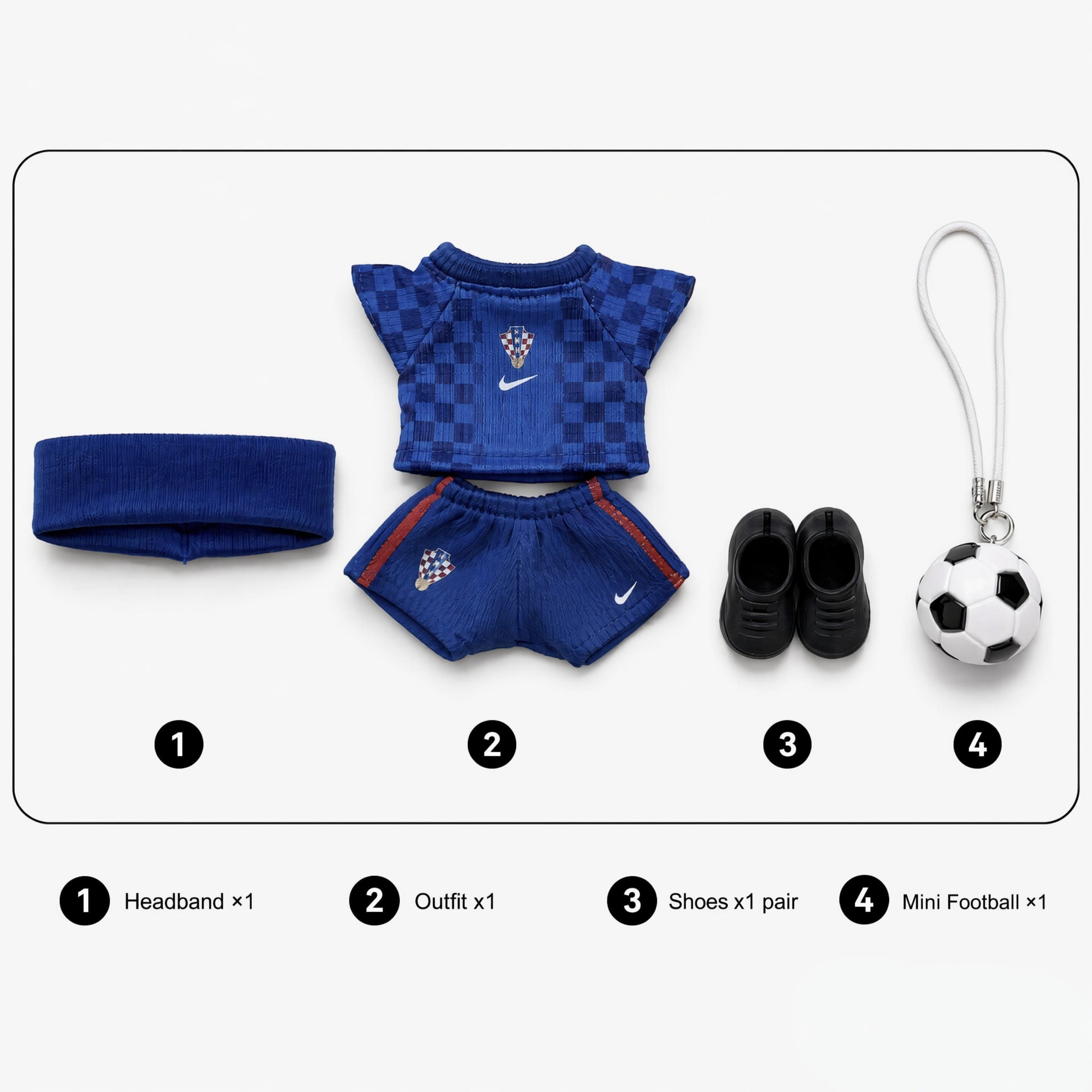 Labubu football jersey kit – Croatia Away – Labubu clothes with jersey, shorts, and accessories included, compatible with similar 17cm dolls