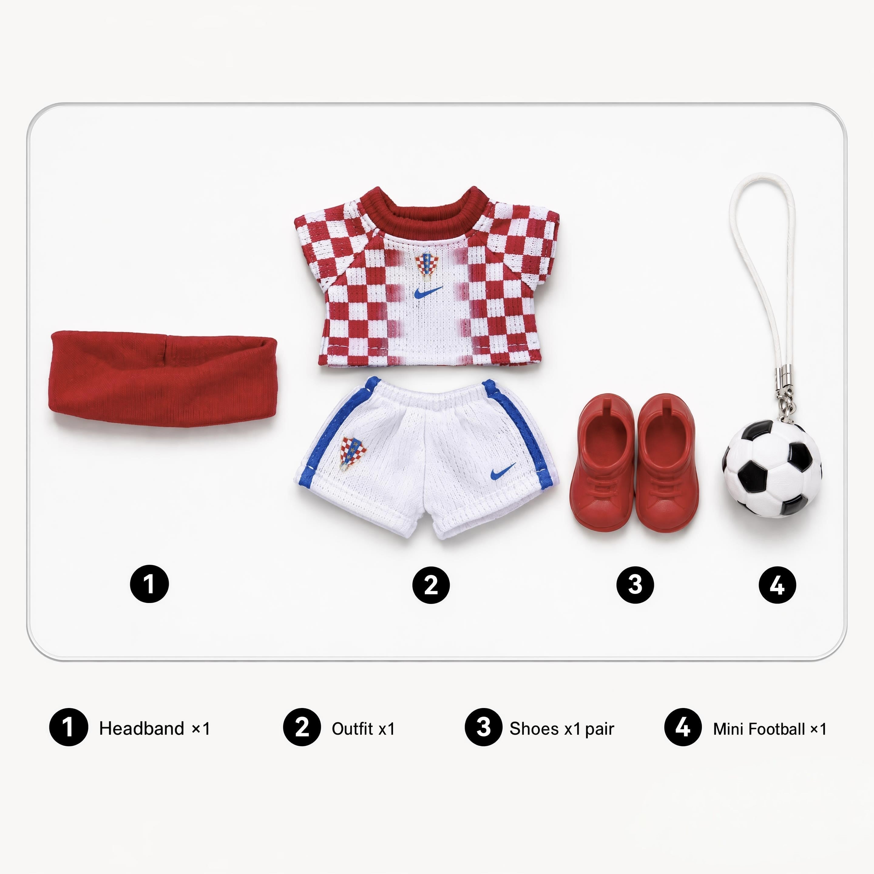 Labubu football jersey kit – Croatia Home – Labubu clothes with jersey, shorts, and accessories included, compatible with similar 17cm dolls