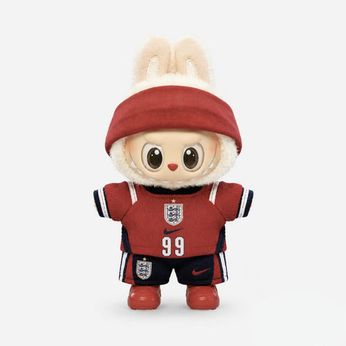 Custom doll football jersey kit – England Away – personalised with your own name and number, shown worn on a doll, compatible with Labubu and similar 17cm dolls
