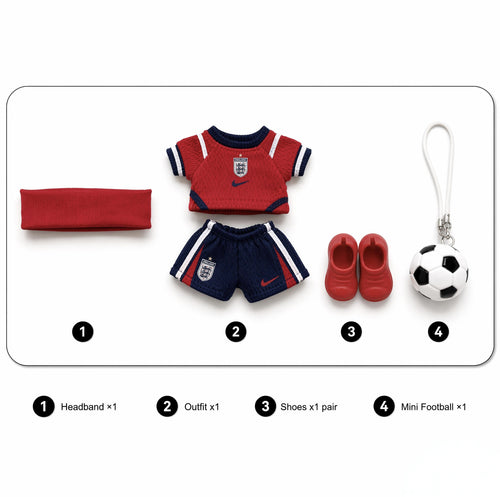 Custom doll football jersey kit – England Away – personalised jersey, shorts, and accessories included in the set, compatible with Labubu and similar 17cm dolls