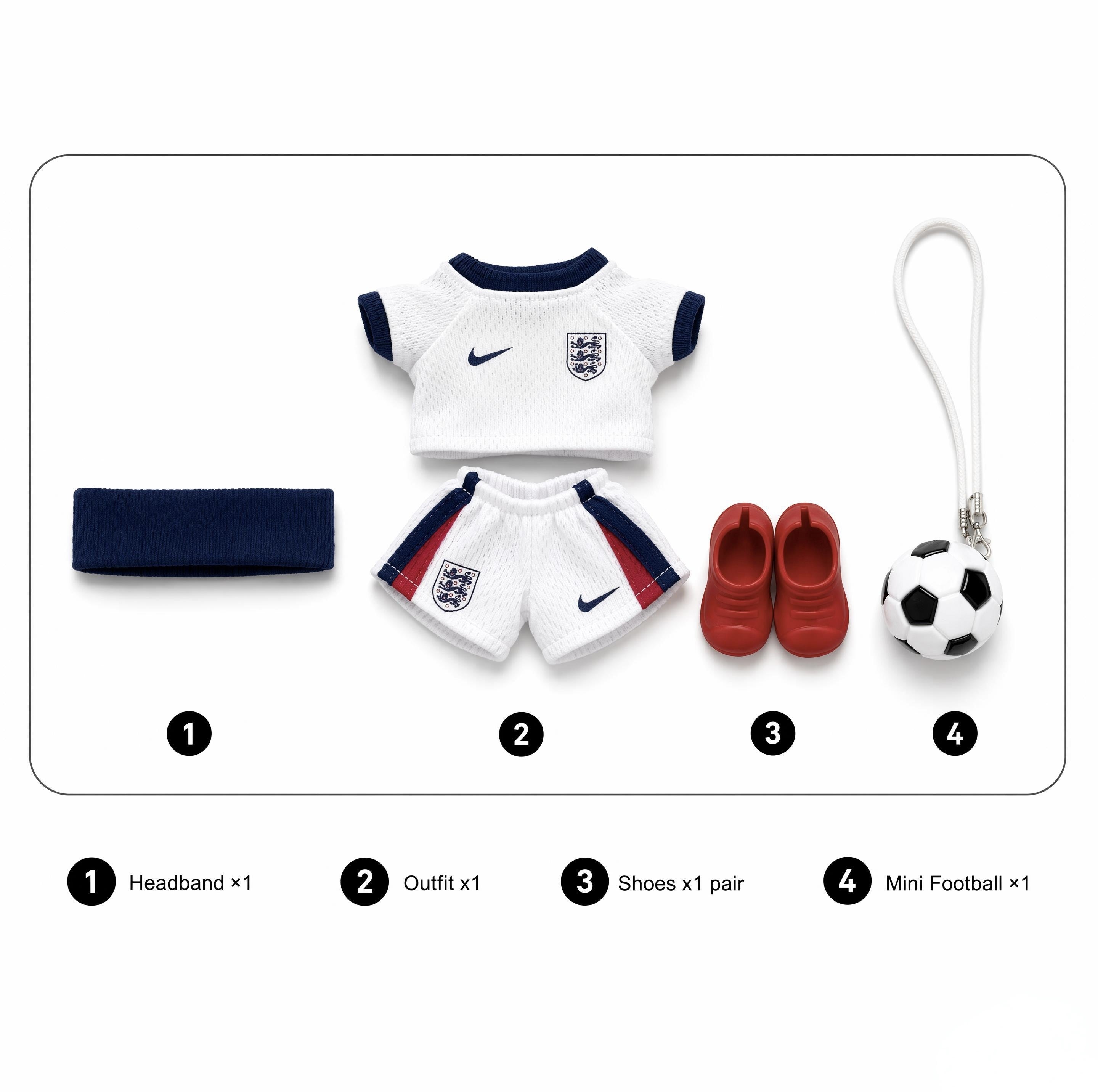 Custom doll football jersey kit – England Home – personalised jersey, shorts, and accessories included in the set, compatible with Labubu and similar 17cm dolls