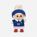 Custom doll football jersey kit – France Home – personalised with your own name and number, shown worn on a doll, compatible with Labubu and similar 17cm dolls