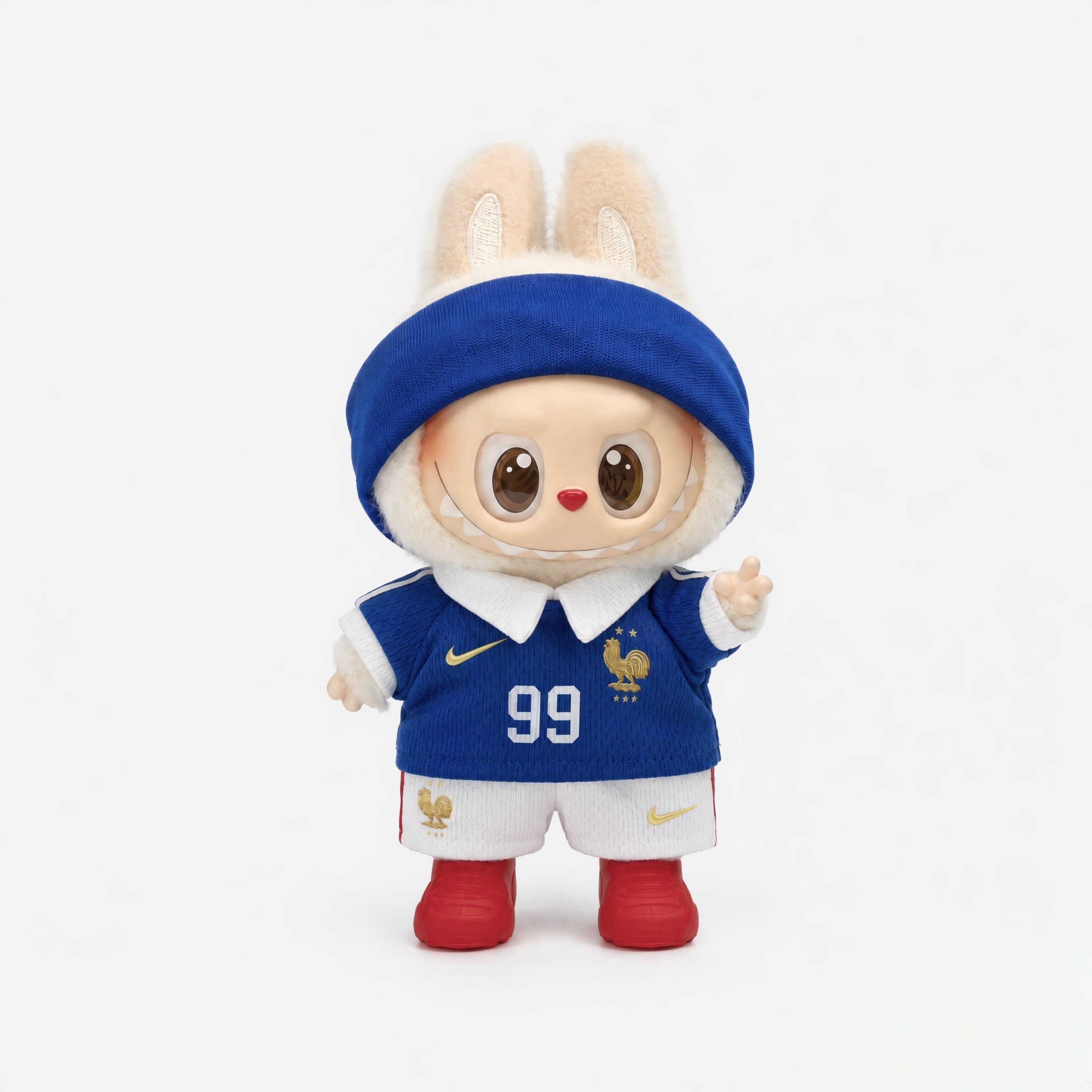 Labubu football jersey kit – France Home – Labubu clothes personalised with your own number and name printed on the jersey, compatible with similar 17cm dolls