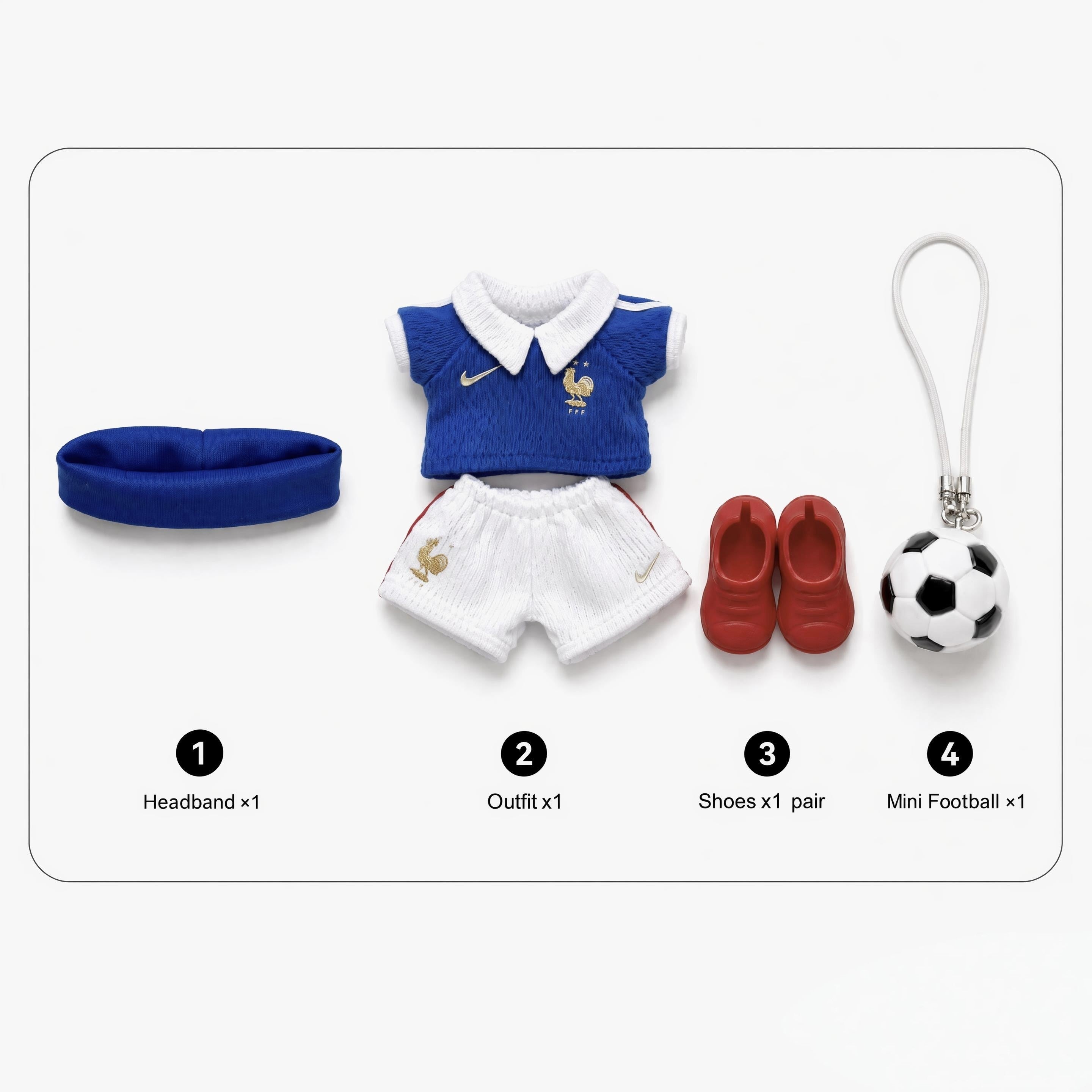 Labubu football jersey kit – France Home – Labubu clothes with jersey, shorts, and accessories included, compatible with similar 17cm dolls