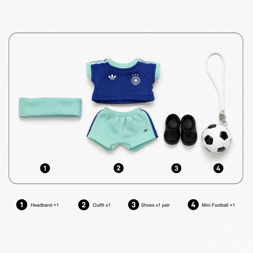Labubu football jersey kit – Germany Away – Labubu clothes with jersey, shorts, and accessories included, compatible with similar 17cm dolls