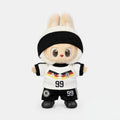 Custom doll football jersey kit – Germany Home – personalised with your own name and number, shown worn on a doll, compatible with Labubu and similar 17cm dolls