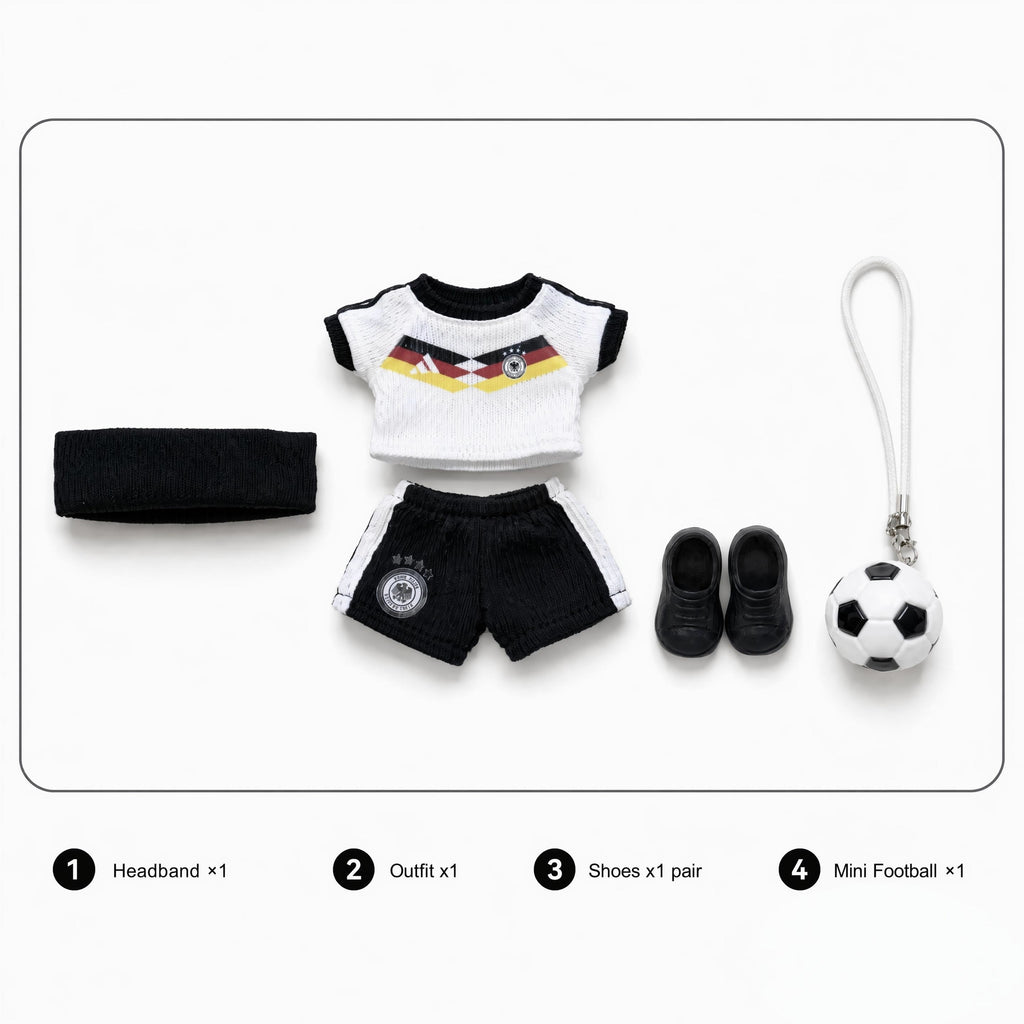 Labubu football jersey kit – Germany Home – Labubu clothes with jersey, shorts, and accessories included, compatible with similar 17cm dolls
