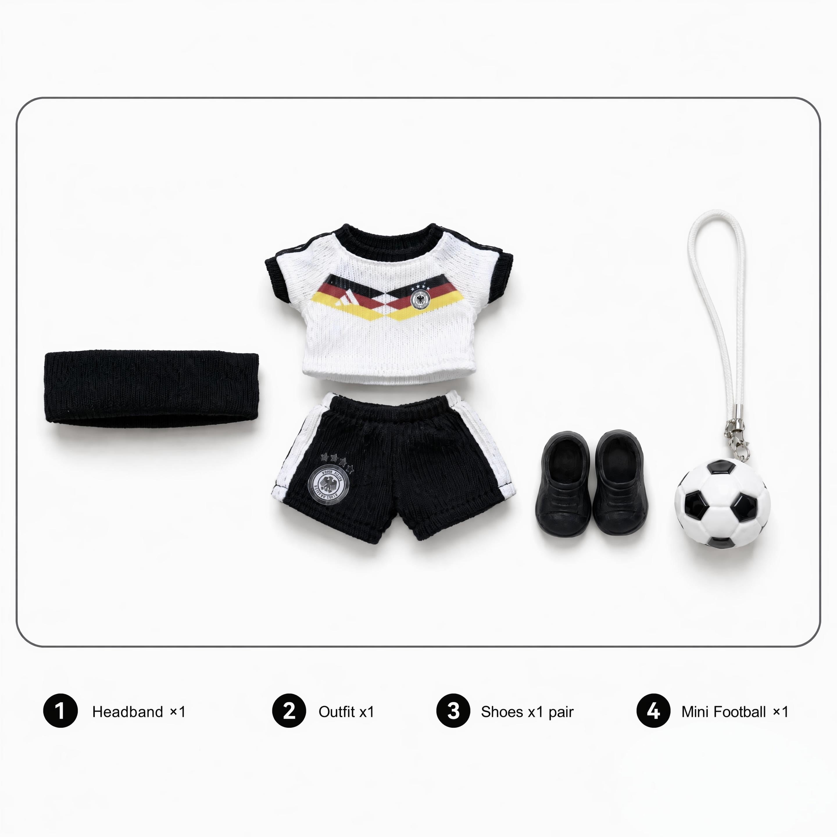 Labubu football jersey kit – Germany Home – Labubu clothes with jersey, shorts, and accessories included, compatible with similar 17cm dolls