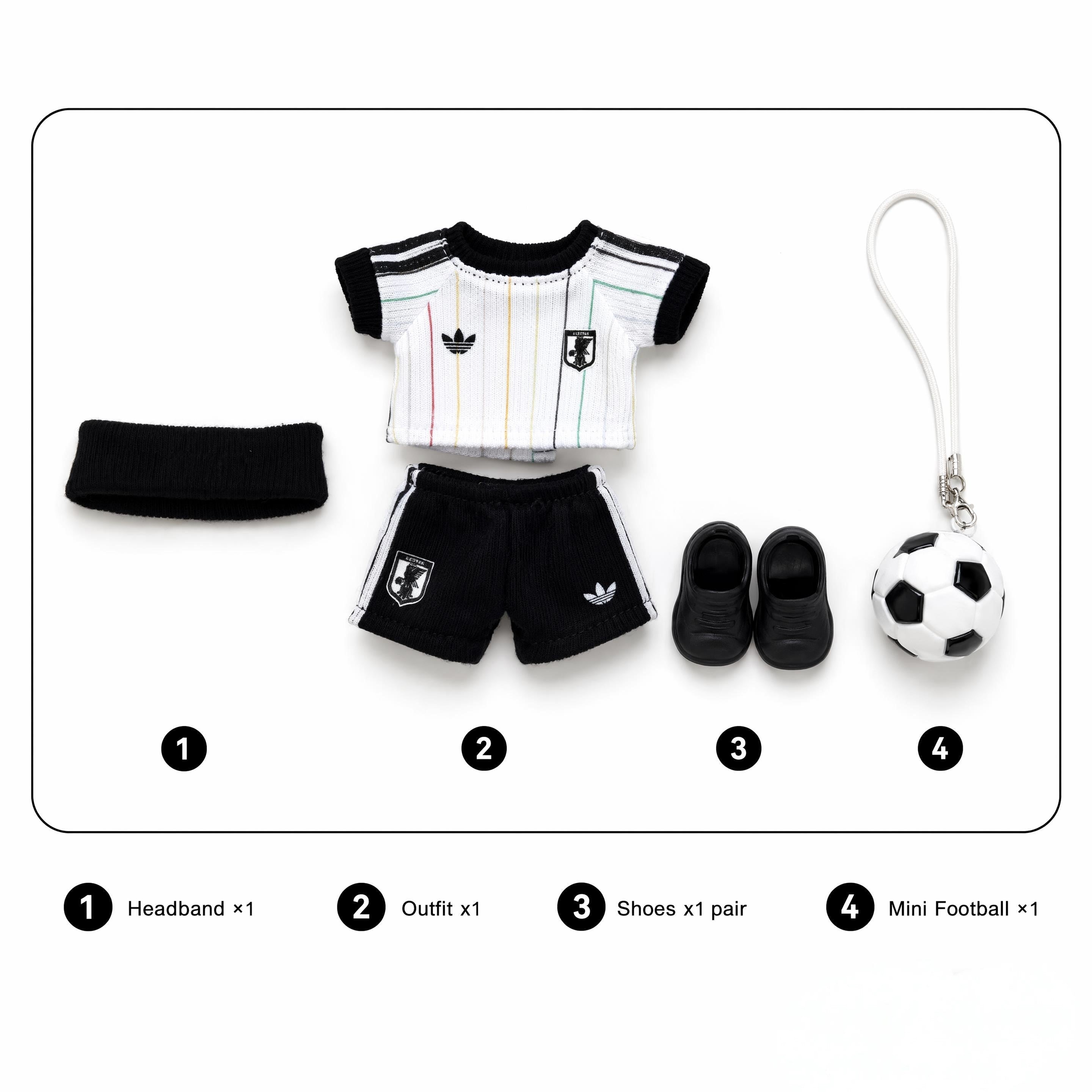 Custom doll football jersey kit – Japan Away – personalised jersey, shorts, and accessories included in the set, compatible with Labubu and similar 17cm dolls