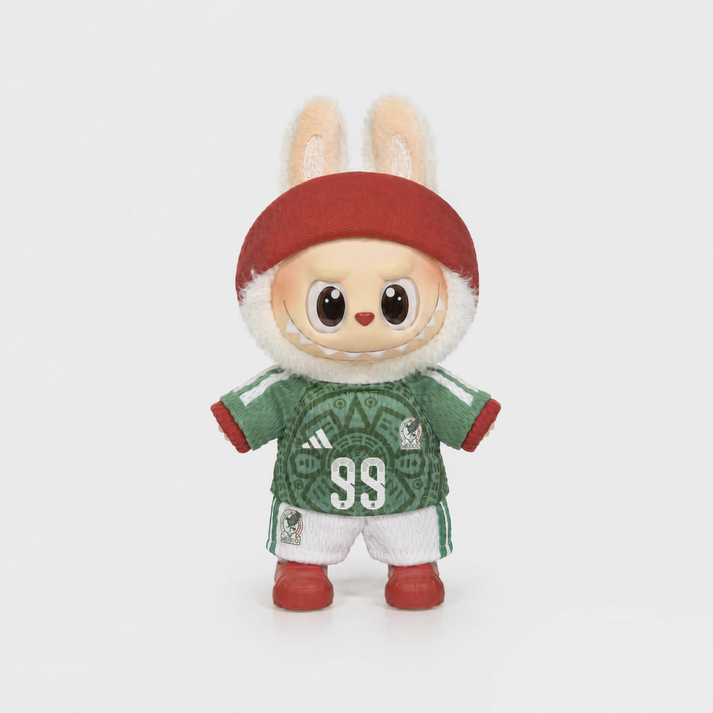 Custom doll football jersey kit – Mexico Home – personalised with your own name and number, shown worn on a doll, compatible with Labubu and similar 17cm dolls
