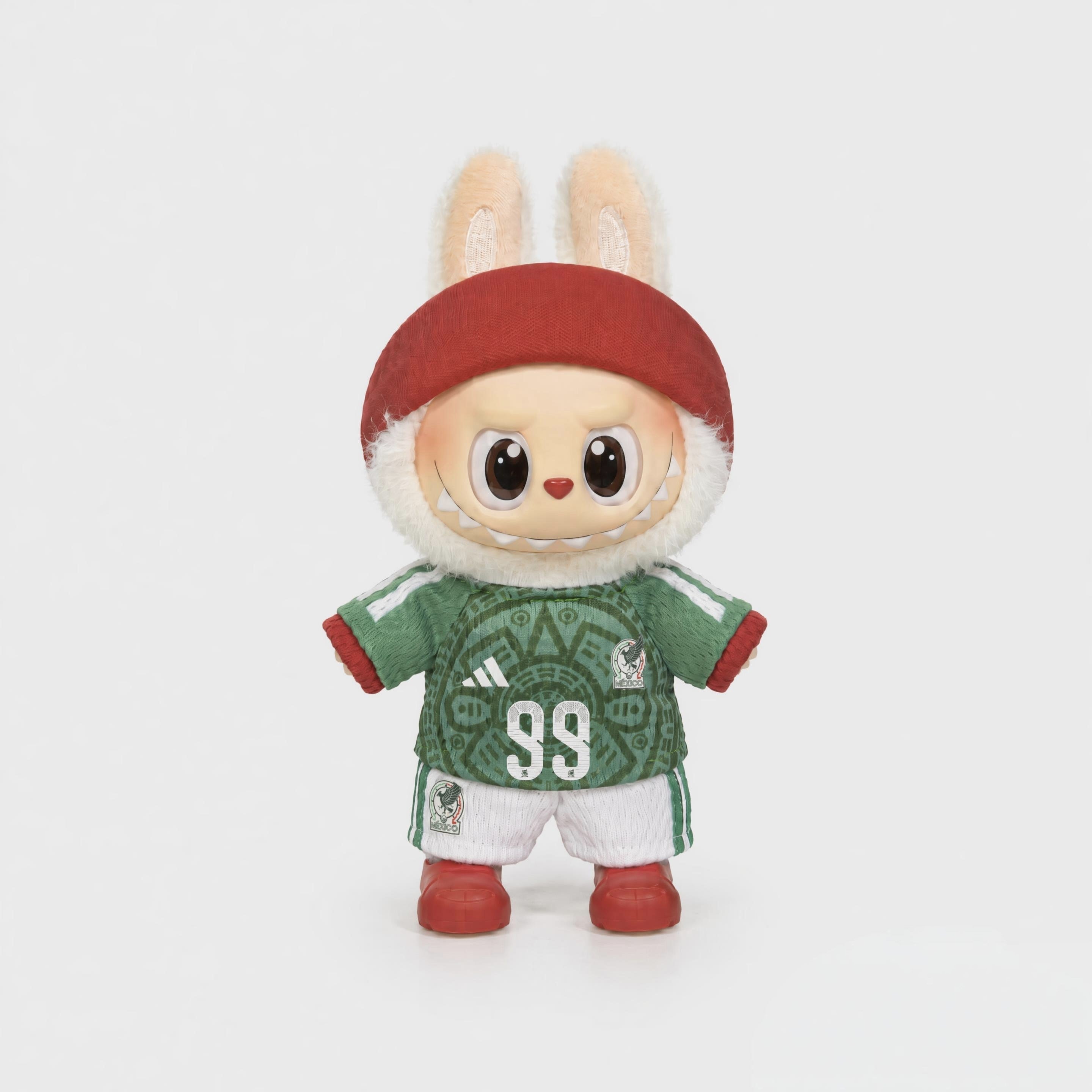 Labubu football jersey kit – Mexico Home – Labubu clothes personalised with your own number and name printed on the jersey, compatible with similar 17cm dolls