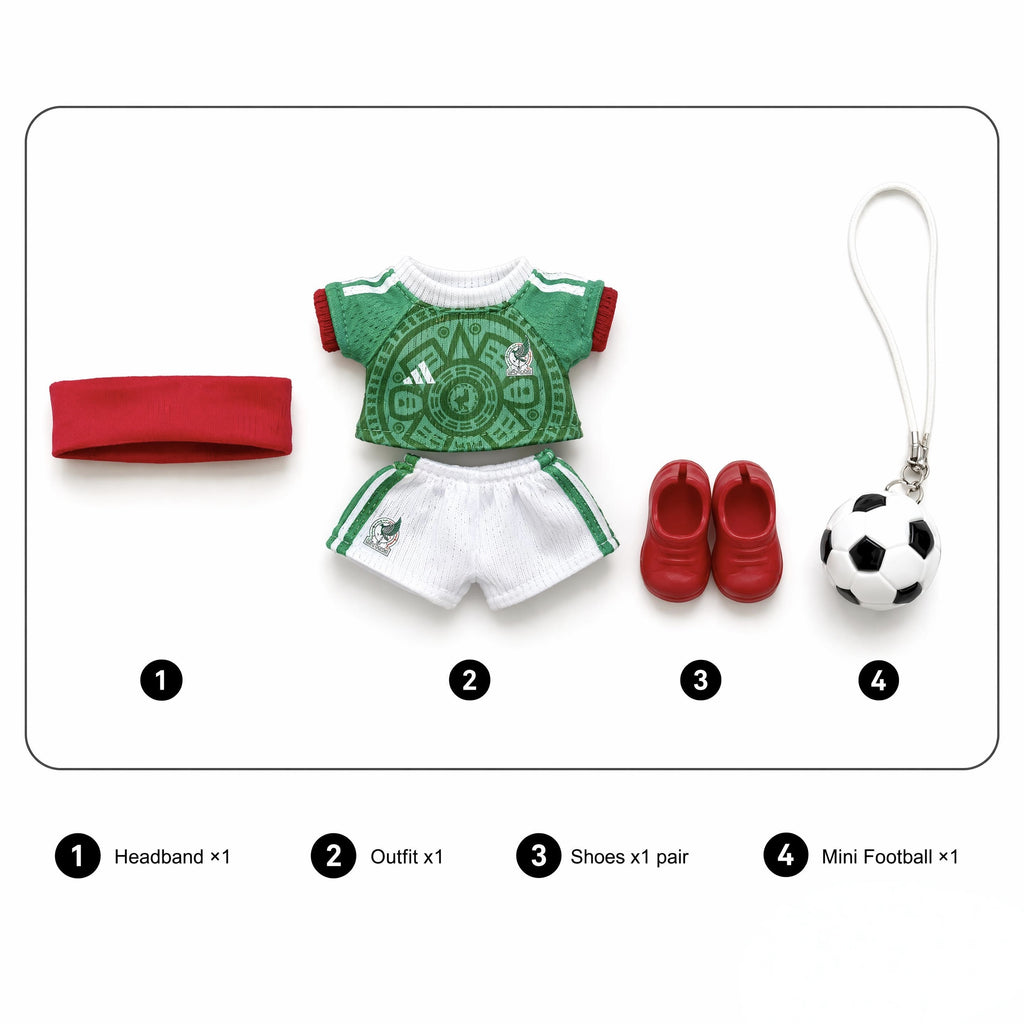 Custom doll football jersey kit – Mexico Home – personalised jersey, shorts, and accessories included in the set, compatible with Labubu and similar 17cm dolls