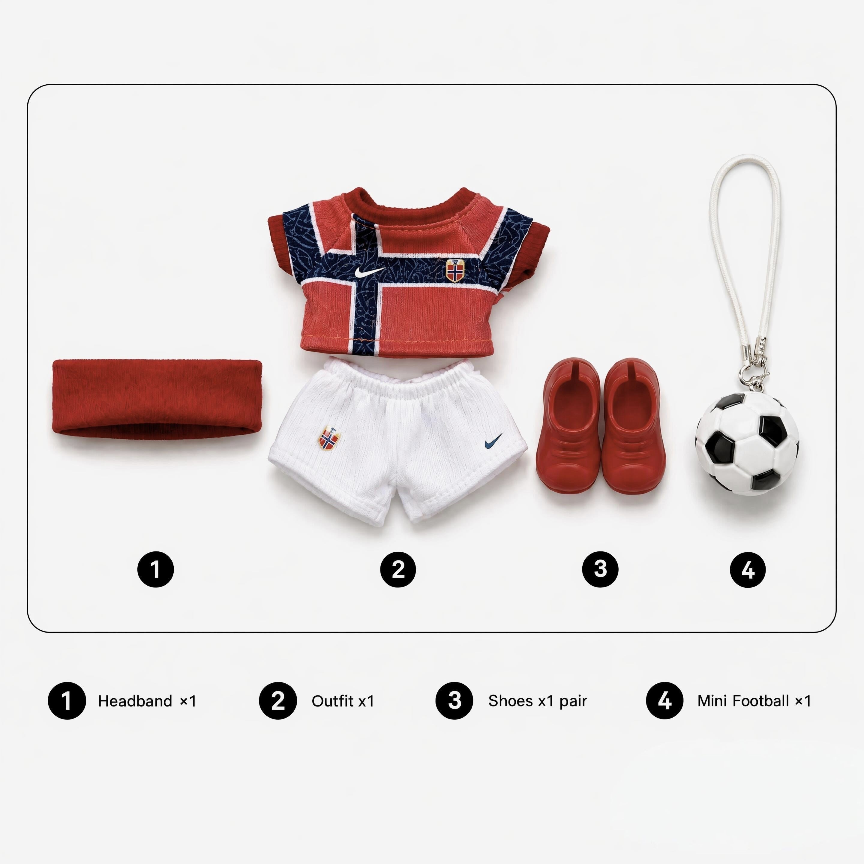 Labubu football jersey kit – Norway Home – Labubu clothes with jersey, shorts, and accessories included, compatible with similar 17cm dolls