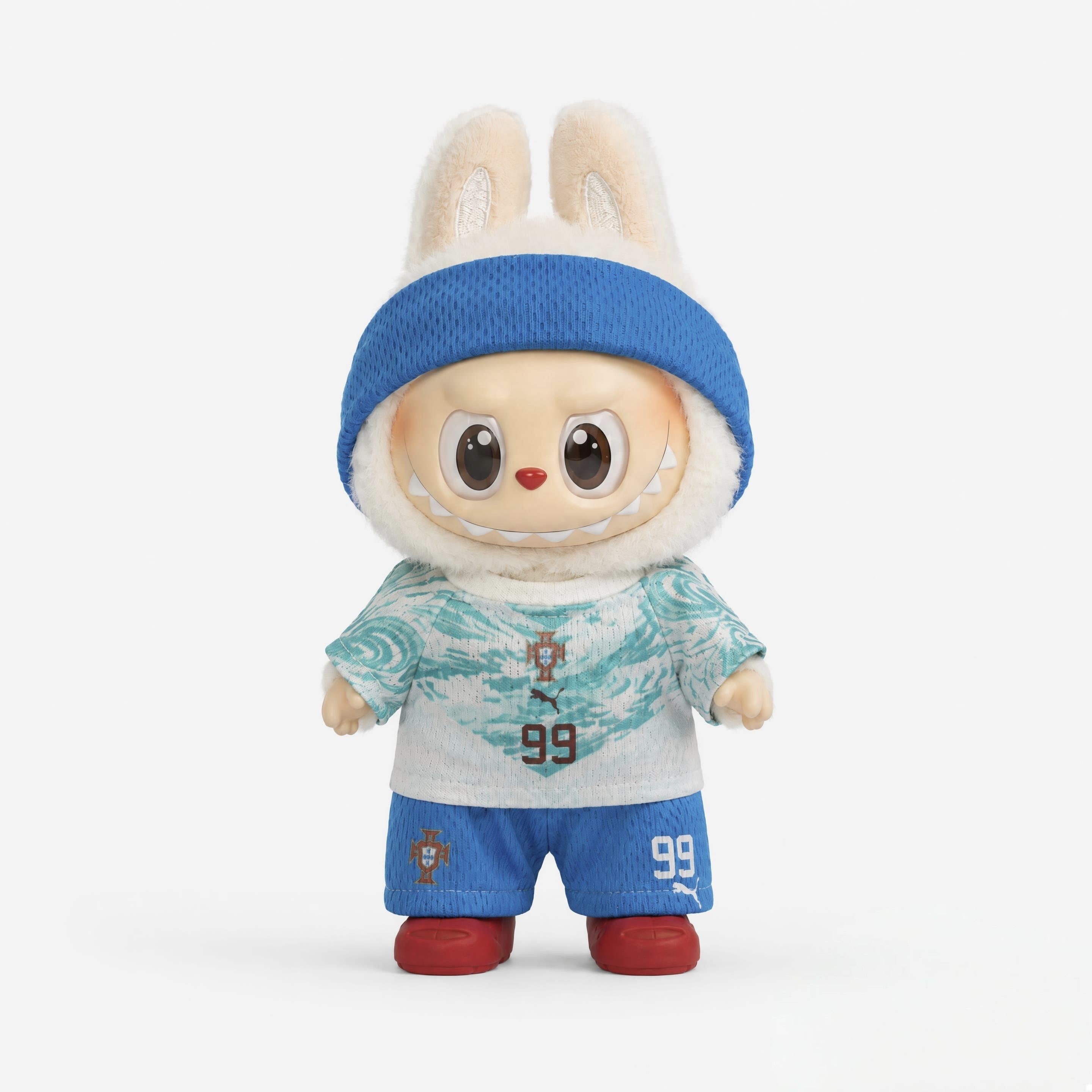 Labubu football jersey kit – Portugal Away – Labubu clothes personalised with your own number and name printed on the jersey, compatible with similar 17cm dolls