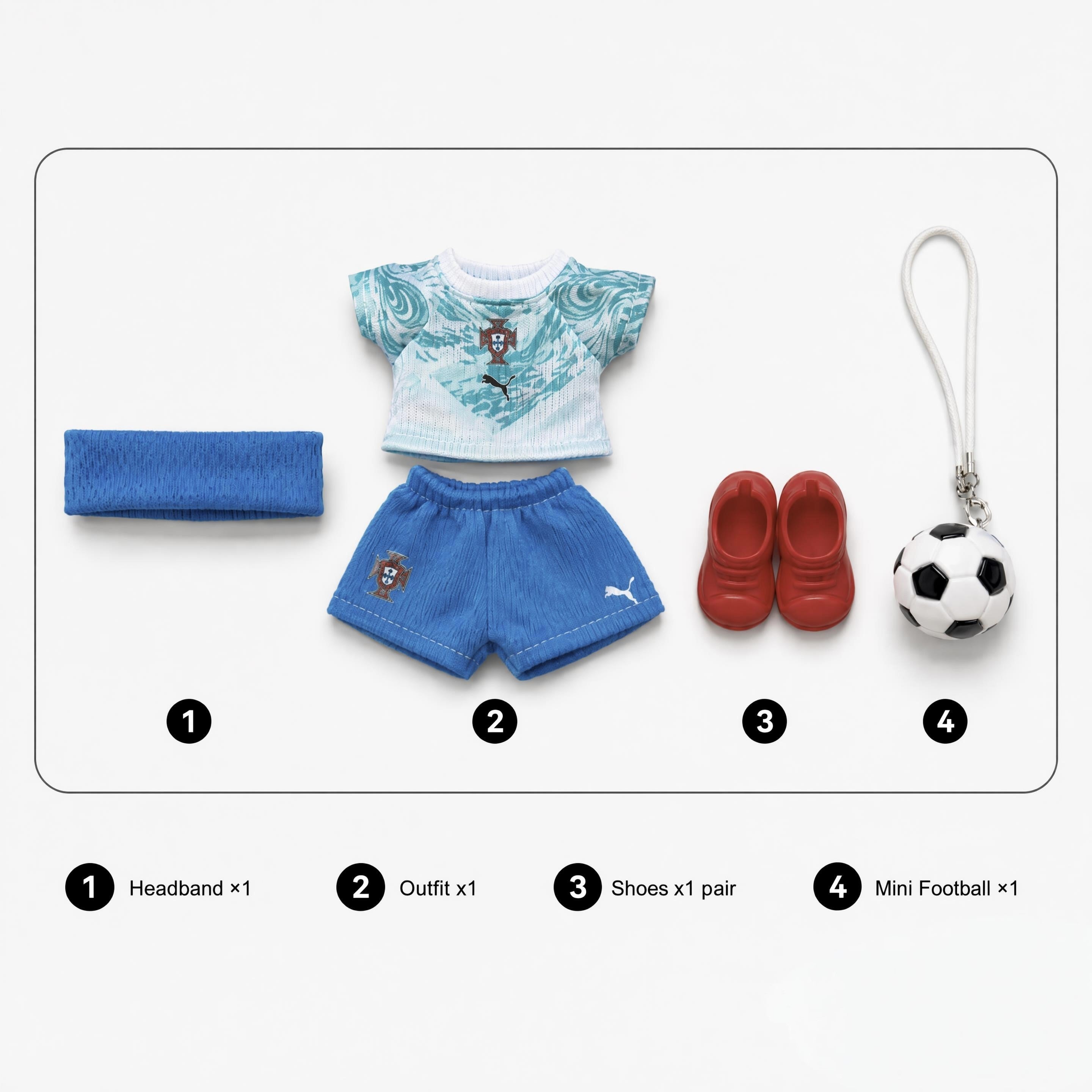 Labubu football jersey kit – Portugal Away – Labubu clothes with jersey, shorts, and accessories included, compatible with similar 17cm dolls