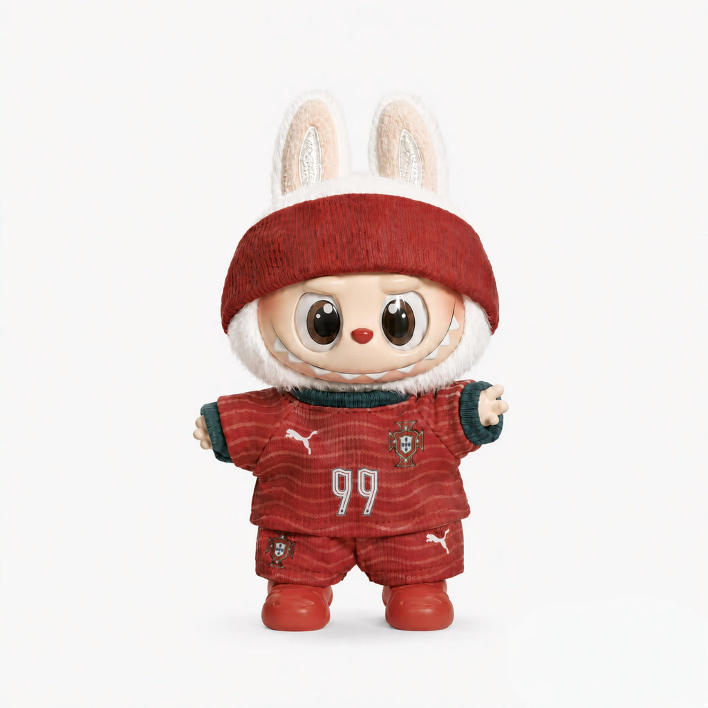 Custom doll football jersey kit – Portugal Home – personalised with your own name and number, shown worn on a doll, compatible with Labubu and similar 17cm dolls