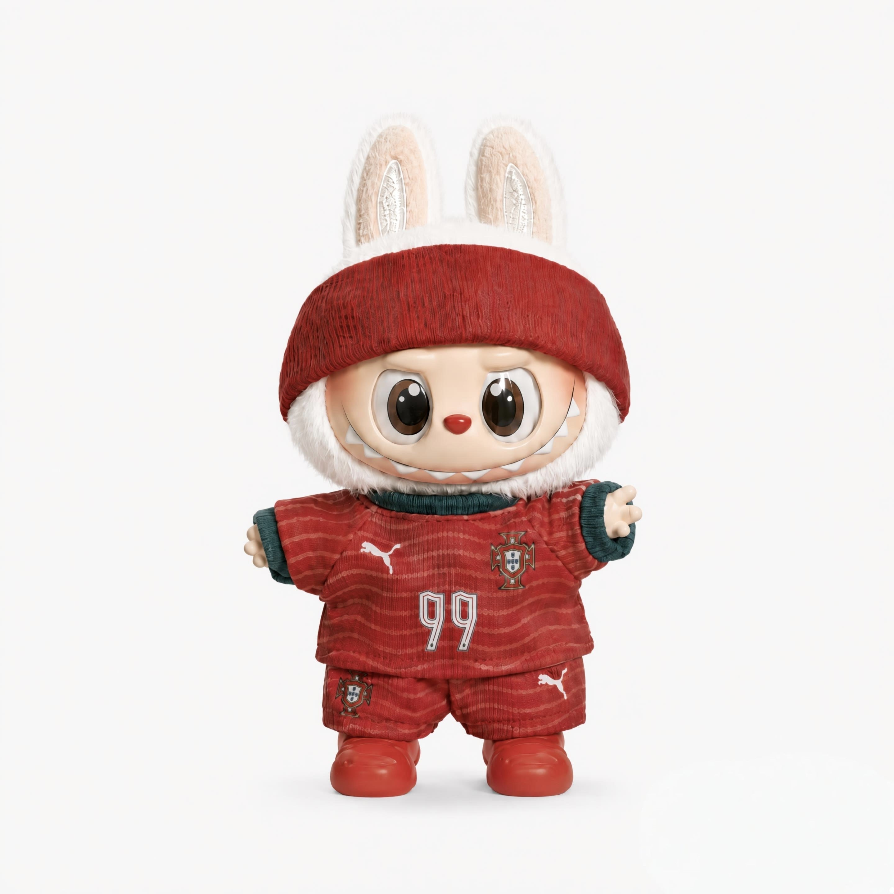 Labubu football jersey kit – Portugal Home – Labubu clothes personalised with your own number and name printed on the jersey, compatible with similar 17cm dolls