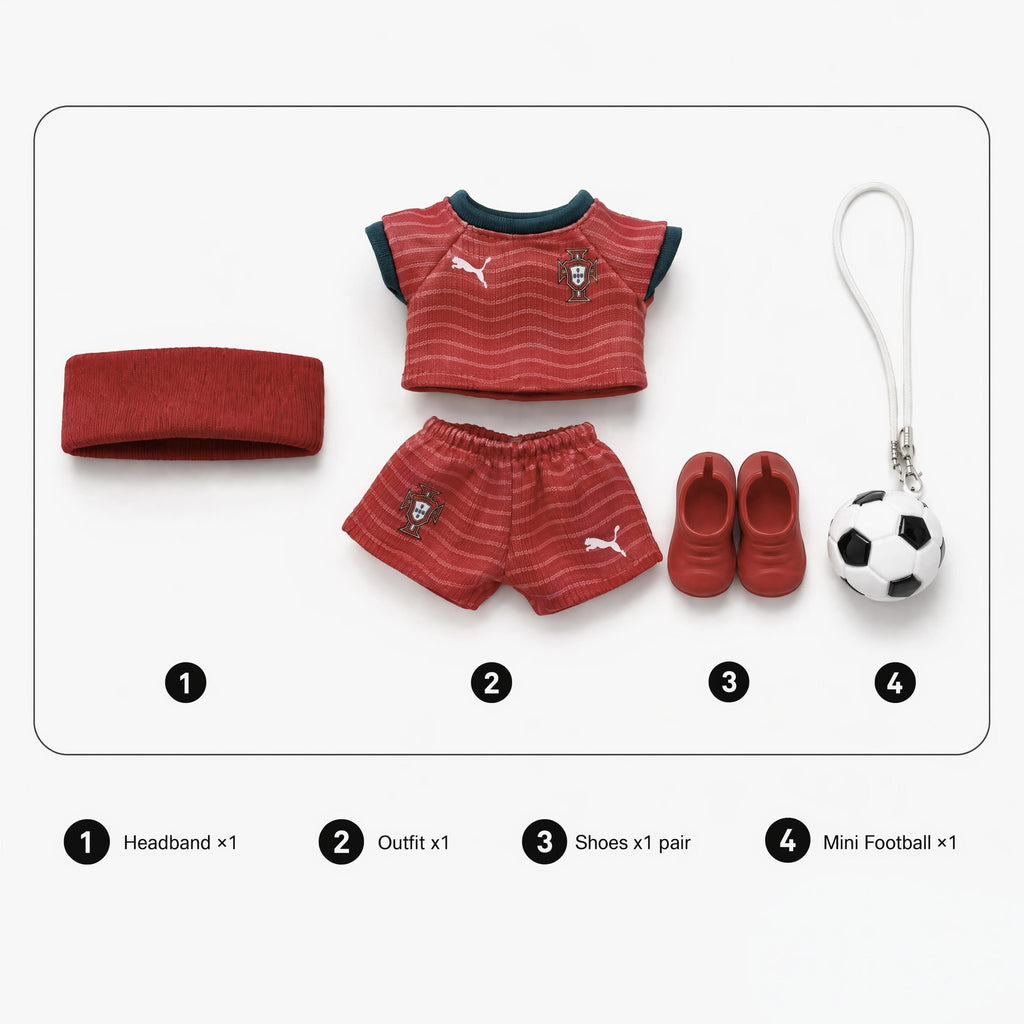 Labubu football jersey kit – Portugal Home – Labubu clothes with jersey, shorts, and accessories included, compatible with similar 17cm dolls