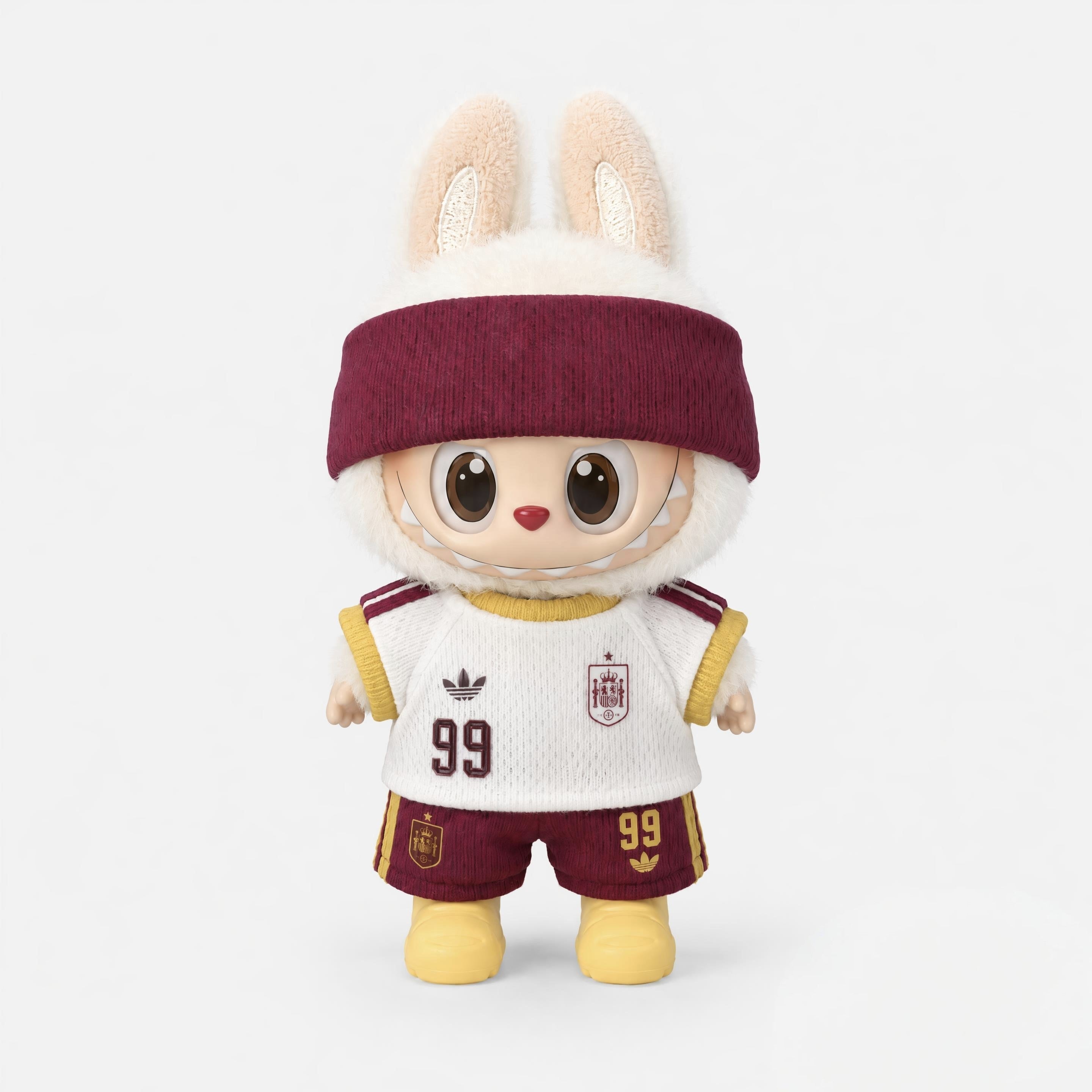 Labubu football jersey kit – Spain Away – Labubu clothes personalised with your own number and name printed on the jersey, compatible with similar 17cm dolls