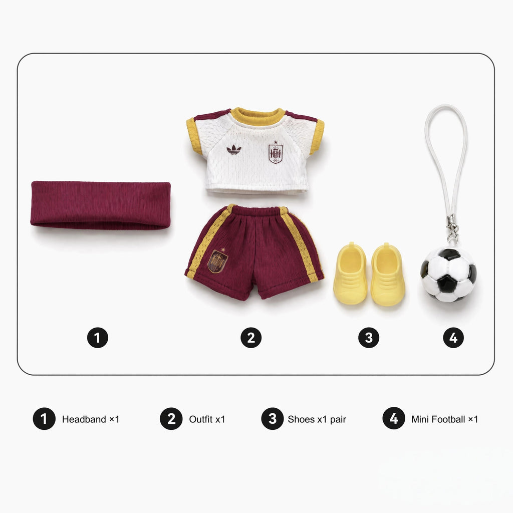 Labubu football jersey kit – Spain Away – Labubu clothes with jersey, shorts, and accessories included, compatible with similar 17cm dolls