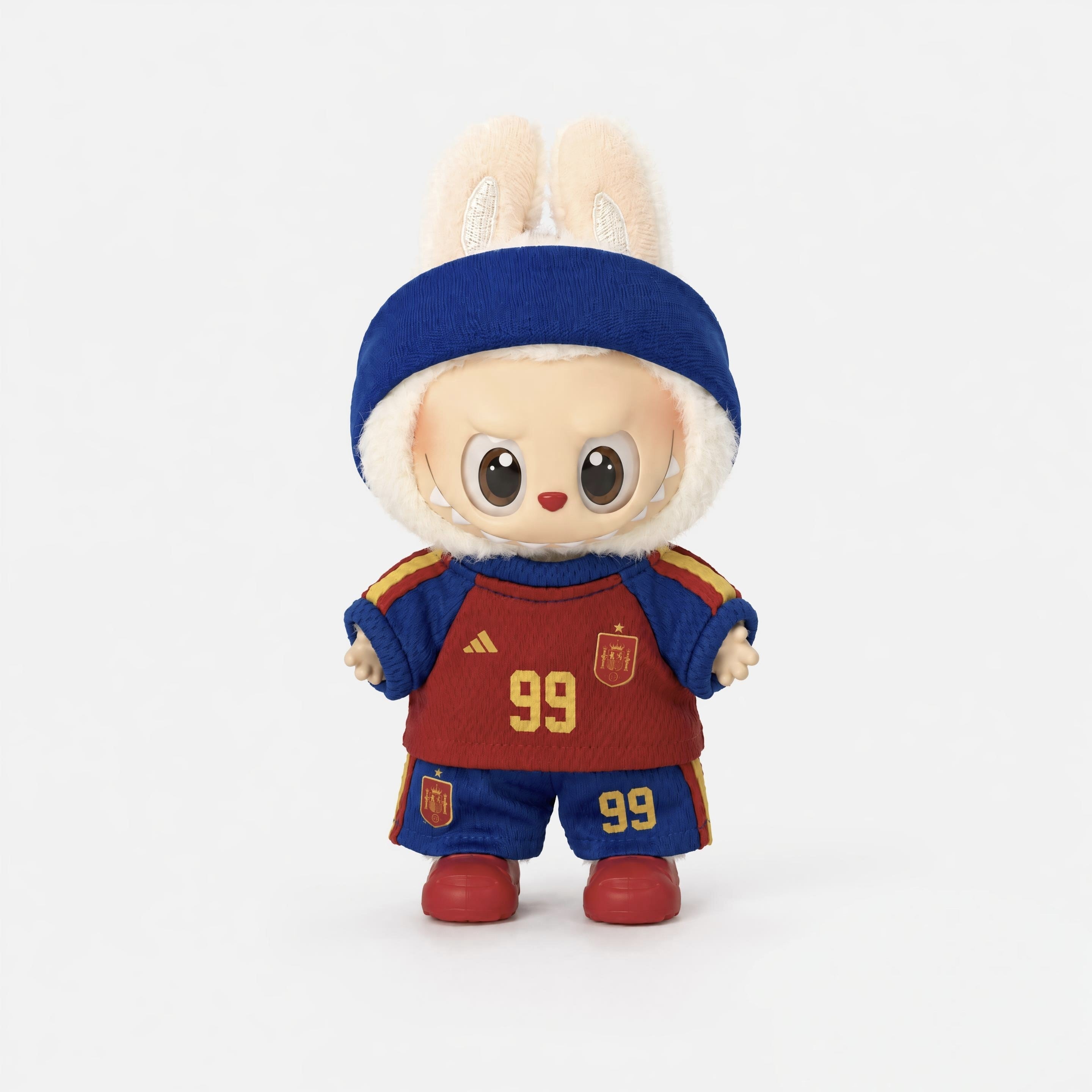 Labubu football jersey kit – Spain Home – Labubu clothes personalised with your own number and name printed on the jersey, compatible with similar 17cm dolls