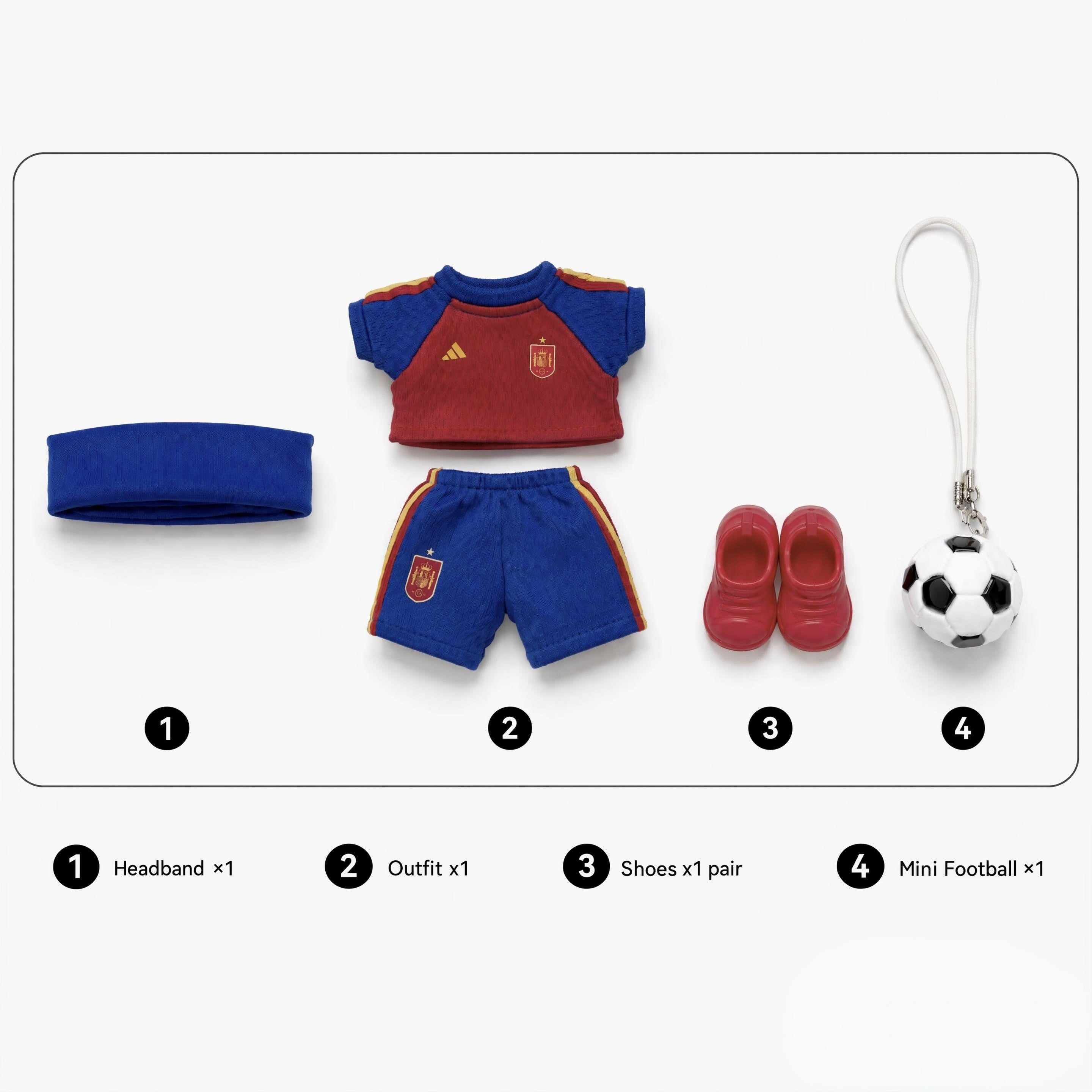 Labubu football jersey kit – Spain Home – Labubu clothes with jersey, shorts, and accessories included, compatible with similar 17cm dolls