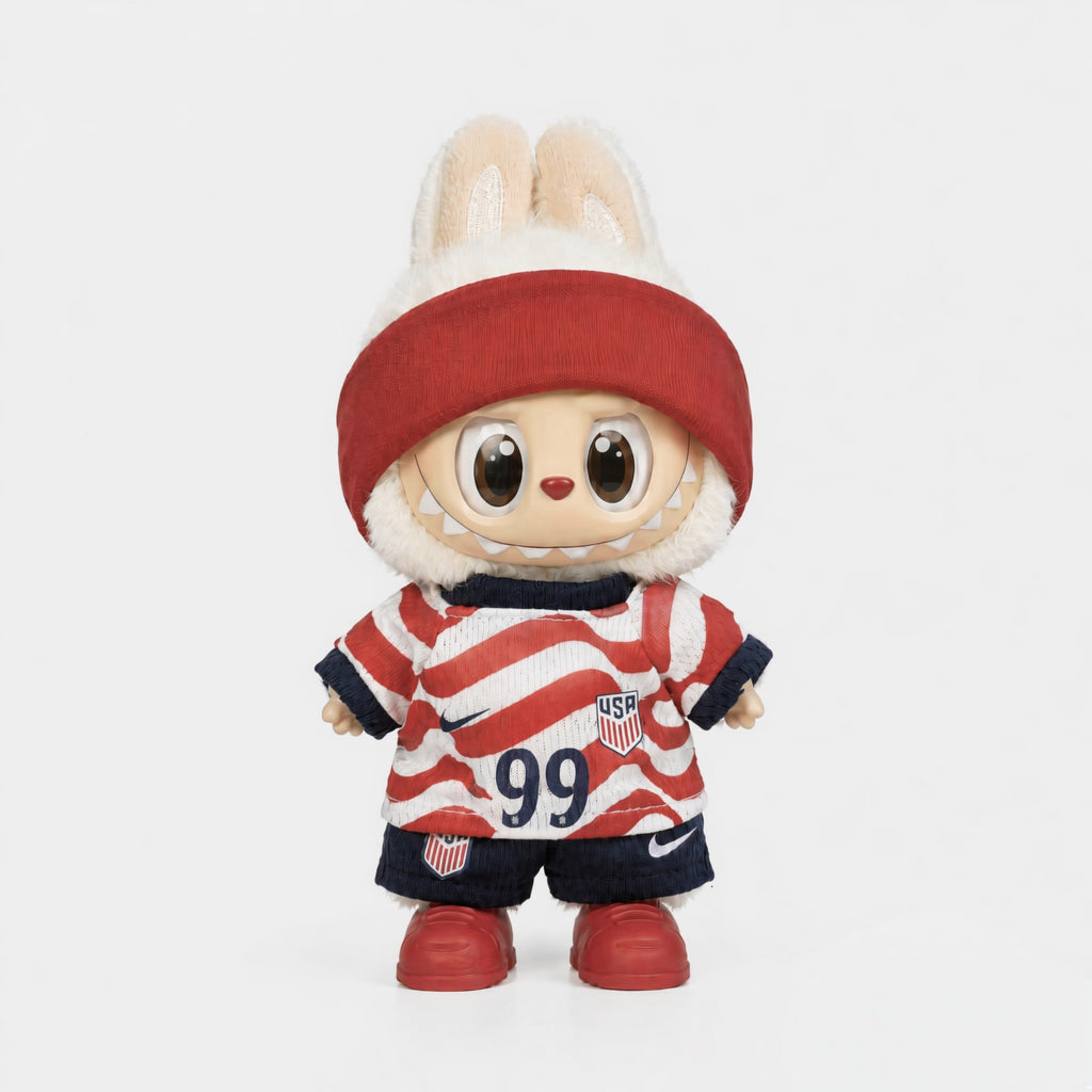 Custom doll football jersey kit – USA Home – personalised with your own name and number, shown worn on a doll, compatible with Labubu and similar 17cm dolls