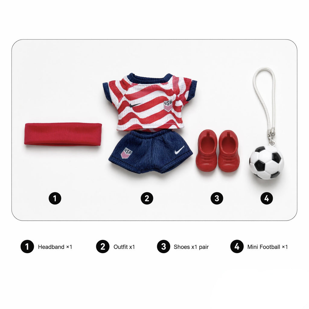Custom doll football jersey kit – USA Home – personalised jersey, shorts, and accessories included in the set, compatible with Labubu and similar 17cm dolls