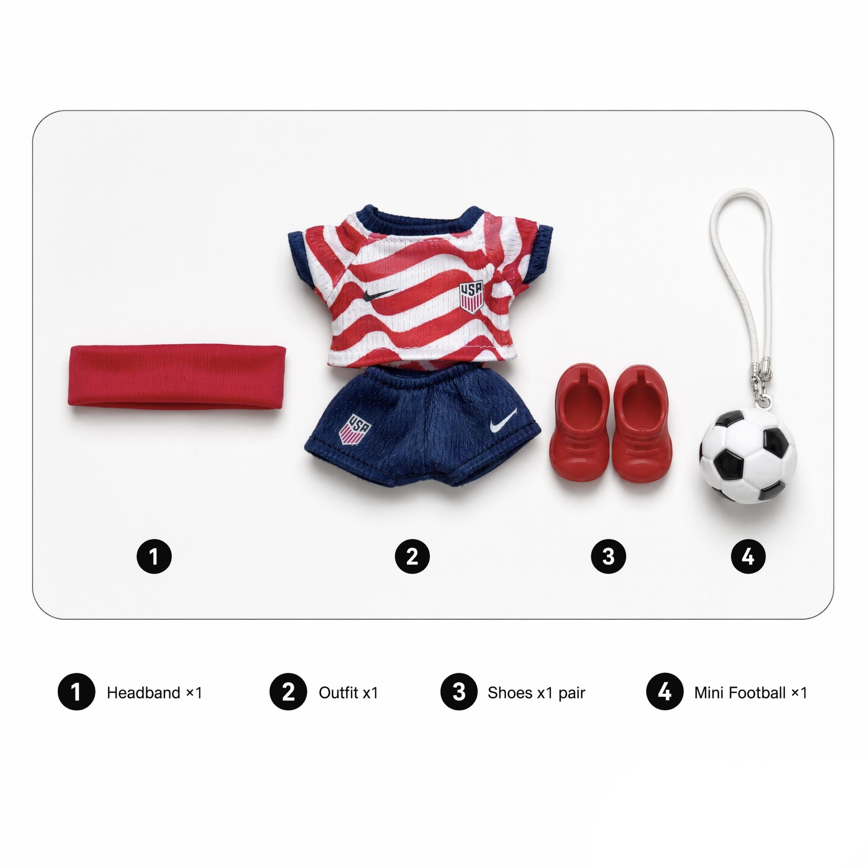 Custom doll football jersey kit – USA Home – personalised jersey, shorts, and accessories included in the set, compatible with Labubu and similar 17cm dolls