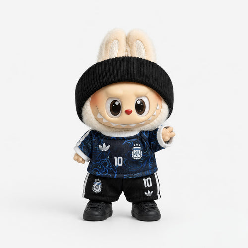 Labubu football jersey kit – Argentina Away – Labubu clothes shown worn on a doll, compatible with similar 17cm dolls