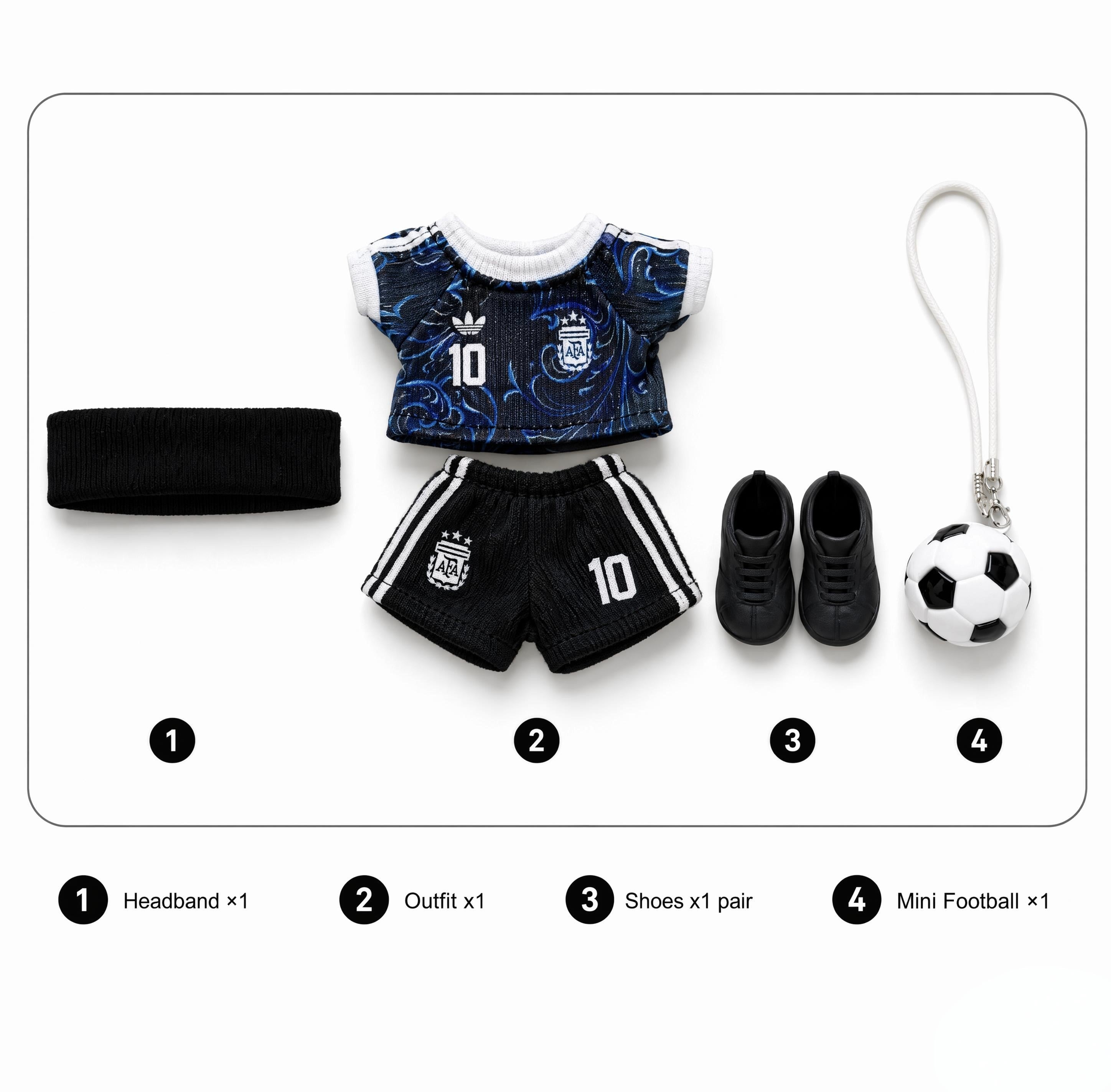 Doll football jersey kit – Argentina Away – jersey, shorts, and accessories included in the set, compatible with Labubu and similar 17cm dolls