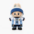 Doll football jersey kit – Argentina Home – shown worn on a doll, compatible with Labubu and similar 17cm dolls