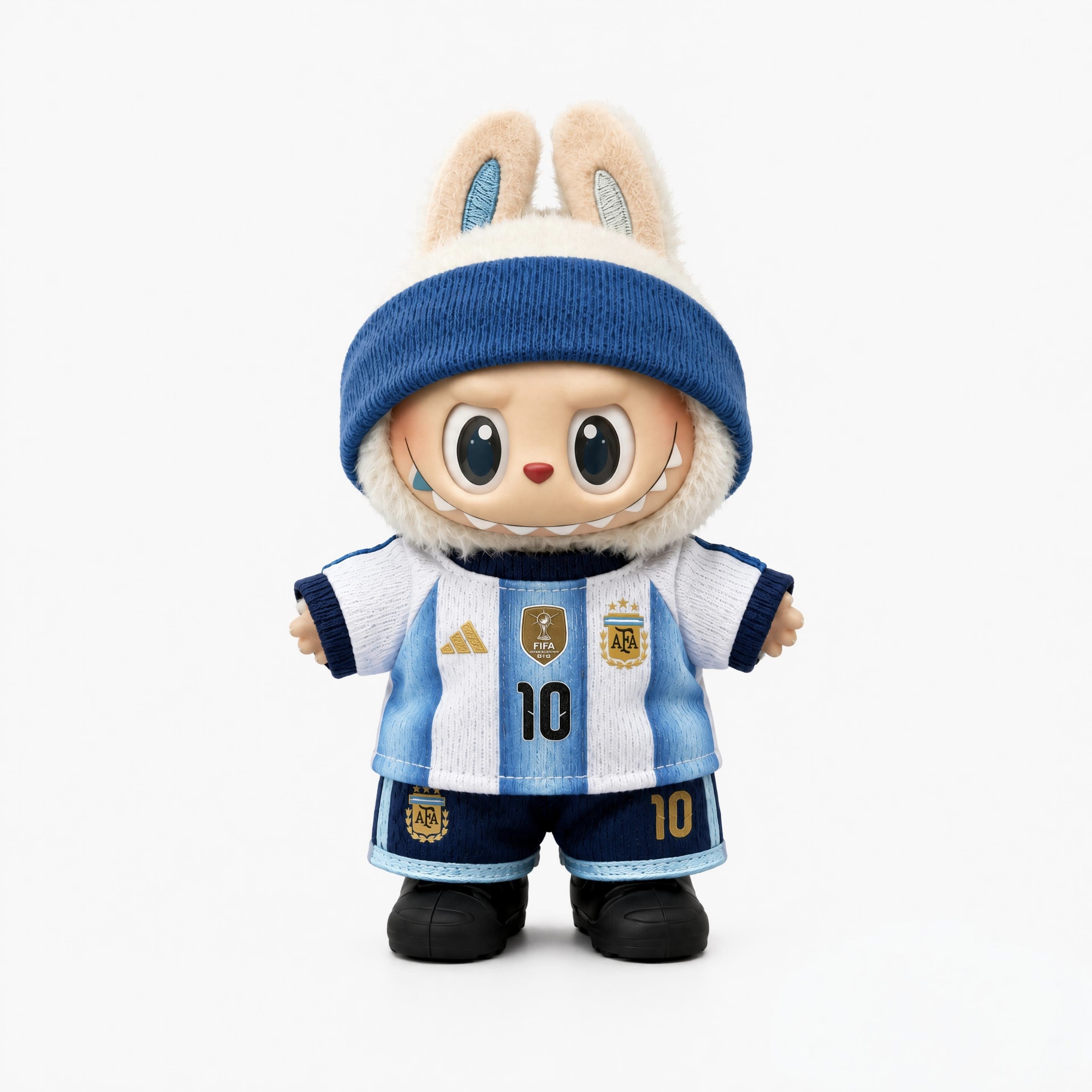 Doll football jersey kit – Argentina Home – shown worn on a doll, compatible with Labubu and similar 17cm dolls