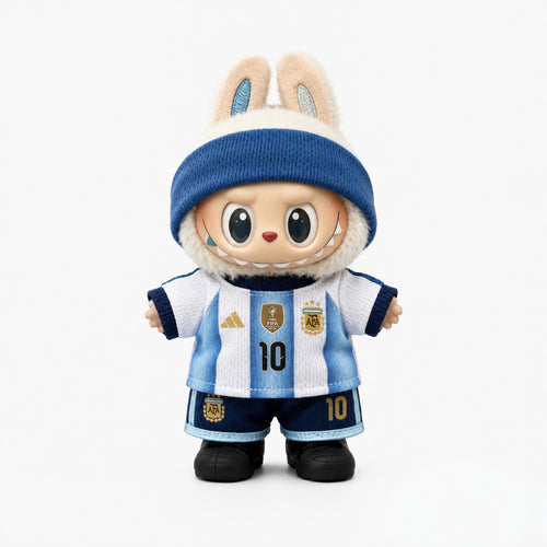 Labubu football jersey kit – Argentina Home – Labubu clothes shown worn on a doll, compatible with similar 17cm dolls