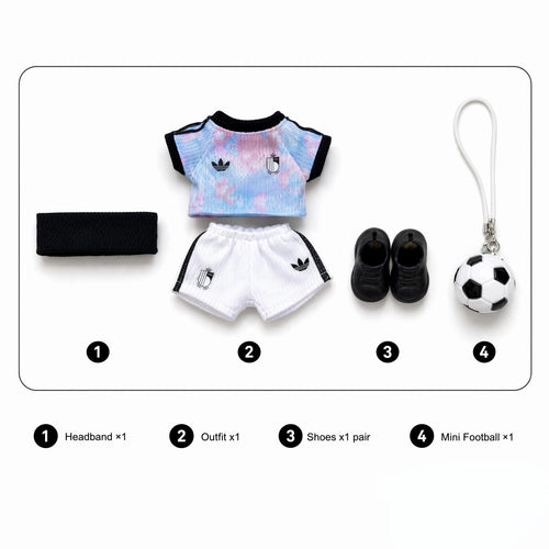 Labubu football jersey kit – Belgium Away – Labubu outfits with jersey, shorts, and accessories included, compatible with similar 17cm dolls