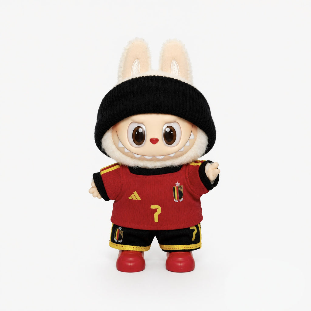 Doll football jersey kit – Belgium Home – shown worn on a doll, compatible with Labubu and similar 17cm dolls