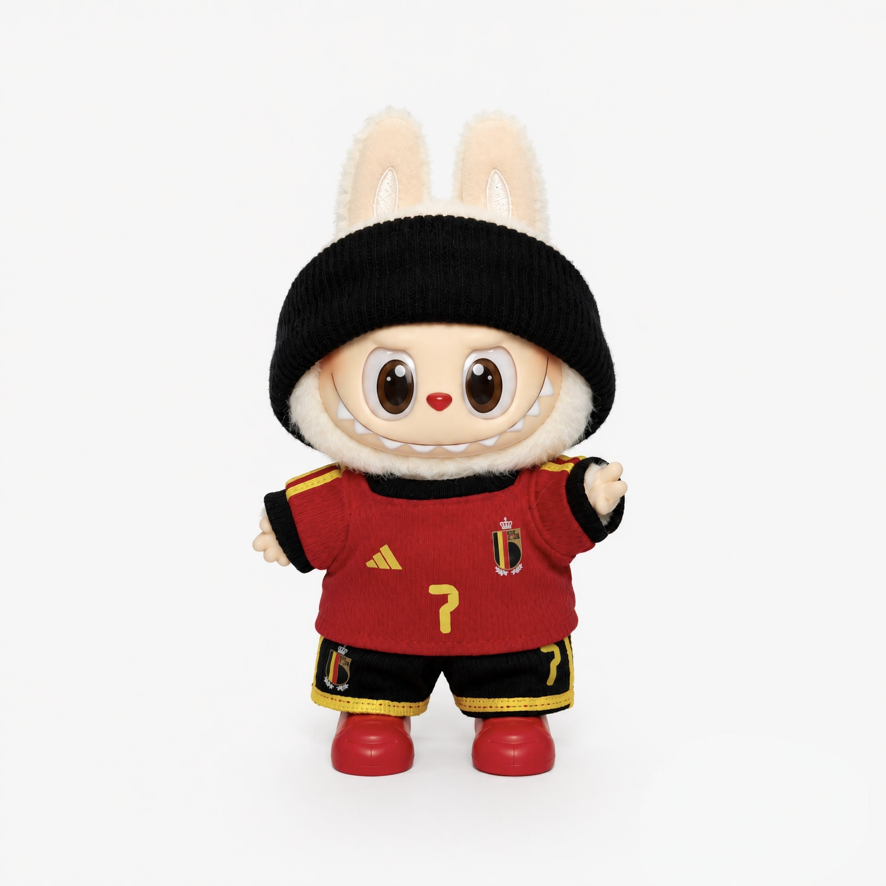 Doll football jersey kit – Belgium Home – shown worn on a doll, compatible with Labubu and similar 17cm dolls