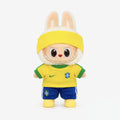 Doll football jersey kit – Brazil Home – shown worn on a doll, compatible with Labubu and similar 17cm dolls